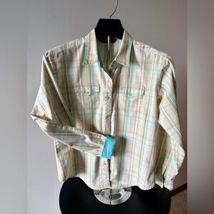 Vintage Wrangler Aura Pastel Plaid Ladies Western Shirt Contrast Trim. Medium